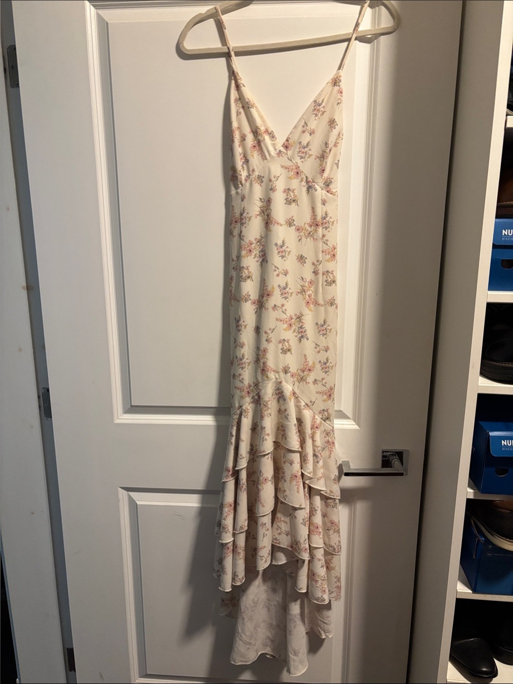 Mable  Cream Floral High-Low Ruffle Slip Dress